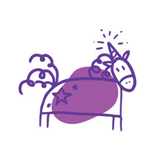 Vector hand drawn illustration with unicorn. A horse with a curly mane and curly tail with a doodle cap. Drawing in line art style with a bright spot. Magic animal icon. T-shirt print
