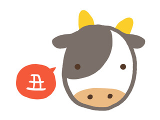 かわいい干支のウシの顔と丑の文字／手描き文字イラスト素材