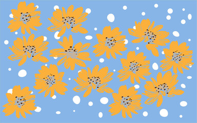 Floral pattern;
Yellow flowers pattern mixed with white balls and blue background.