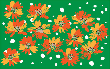 Floral pattern;
Yellow and orange flowers pattern mixed with white balls and green background.