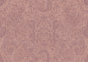 Hand-drawn abstract seamless ornament. Purple on a pale pink background. Paper texture. Digital artwork, A4. (pattern: p01a)