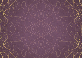 Hand-drawn abstract ornament. Light semi transparent pink on a purple back, with vignette of same pattern and sparks in golden glitter on a darker color. Paper texture. A4. (pattern: p02-1a)