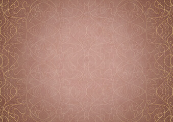 Hand-drawn abstract ornament. Light semi transparent pale pink on a pale pink back, with vignette of same pattern and sparks in golden glitter on a darker color. Paper texture. A4. (pattern: p02-1b)