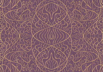 Hand-drawn unique abstract symmetrical seamless gold ornament on a purple background. Paper texture. Digital artwork, A4. (pattern: p02-2a)