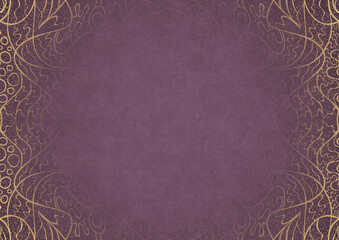 Purple textured paper with vignette of golden hand-drawn pattern and golden glittery splatter on a darker background color. Copy space. Digital artwork, A4. (pattern: p02-2a)