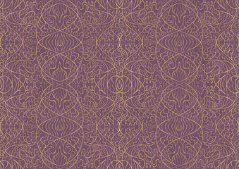 Hand-drawn unique abstract symmetrical seamless gold ornament on a purple background. Paper texture. Digital artwork, A4. (pattern: p02-2b)