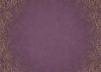 Purple textured paper with vignette of golden hand-drawn pattern and golden glittery splatter on a darker background color. Copy space. Digital artwork, A4. (pattern: p03a)