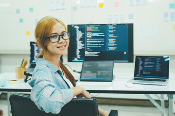 Close up programmer is coding and programming software.