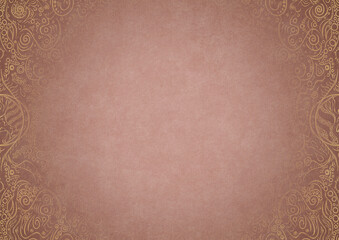 Pale pink textured paper with vignette of golden hand-drawn pattern on a darker background color. Copy space. Digital artwork, A4. (pattern: p04a)