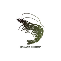 BANANA SHRIMP LOGO, great silhouette of big sea shrimp, vector illustrations