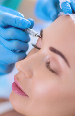 Permanent makeup for eyebrows. Closeup of beautiful woman with thick brows in beauty salon