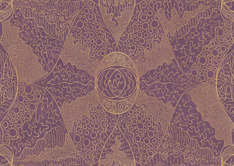 Hand-drawn unique abstract symmetrical seamless gold ornament on a purple background. Paper texture. Digital artwork, A4. (pattern: p05a)