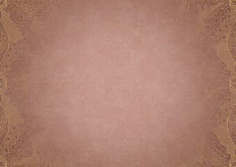 Pale pink textured paper with vignette of golden hand-drawn pattern on a darker background color. Copy space. Digital artwork, A4. (pattern: p05b)