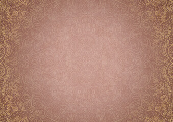 Hand-drawn abstract ornament. Light semi transparent pale pink on a pale pink back, with vignette of same pattern and sparks in golden glitter on a darker color. Paper texture. A4. (pattern: p06a)