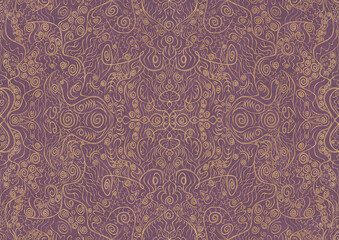 Hand-drawn unique abstract symmetrical seamless gold ornament on a purple background. Paper texture. Digital artwork, A4. (pattern: p06a)