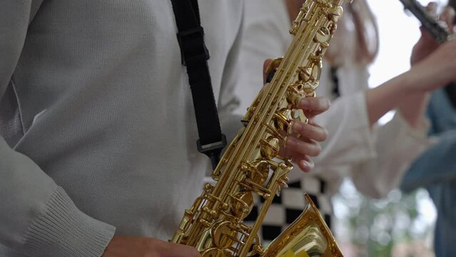 The saxophones in a classical orchestra are performing together in the band.