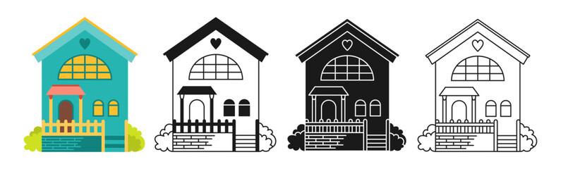 House front flat cartoon or engraved ink stamp or linear doodle design set. Urban, vintage loft facade, small and tiny houses. Modern cozy buildings. Residential homestead, cottage or villa apartment