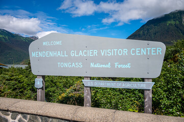 Mendenhall Glacier Visitor Center sign in the Tongass National Forest, Juneau, Alaska