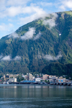 View of Juneau Alaska skyline and docks from the water.