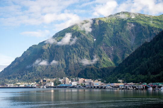 View of Juneau Alaska skyline and docks from the water.