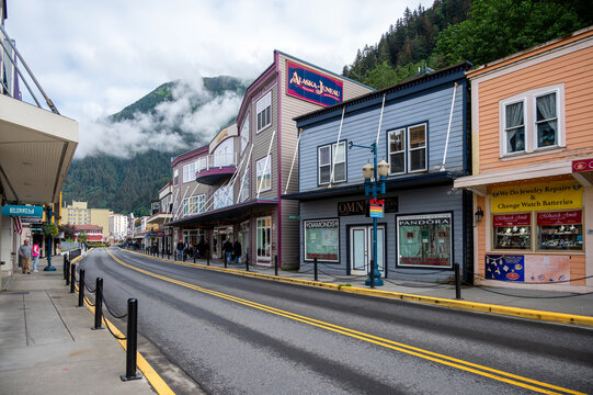 Juneau, Alaska - July 27, 2022: Central Juneau Alaska is home to many tourist shops, restaurants and landmarks.