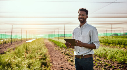 Modern farmer working on a tablet on a farm and checking plants growth progress with an online app or agriculture management software. Businessman doing inspection of carrot harvest or plantation © Chanelle Malambo/peopleimages.com