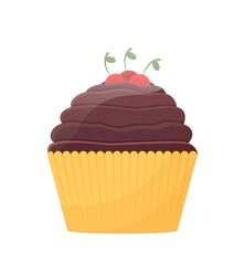 Chocolate muffin icon. Sweets, confectionery factory and candy shop menu. Cupcake with cherry, delicacy or dessert. Graphic element for website or print on clothes. Cartoon flat vector illustration