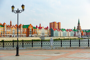 Brugge Embankment and Malaya Kokshaga River in Russian city Yoshkar-Ola in summertime.