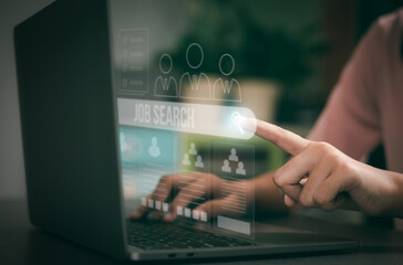 Young woman using laptop to search for jobs through online virtual screen technology, job search ideas, employment, vacancies, human resources, work from home, extra career