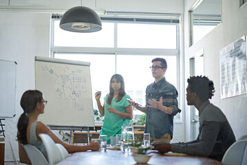 Business people working together in a meeting, showing idea on a whiteboard or collaborating on a team project. Smart corporate leaders talking solutions for a strategy in company finance management