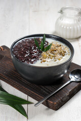 Bubur kacang hijau dan ketan hitam or green bean and black glutinous porridge. Traditional Javanese Dessert Porridge. Popular starter food for breaking the fast during Ramadan