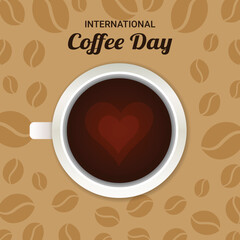 Illustration a cup of coffee on brown color and text International coffee day