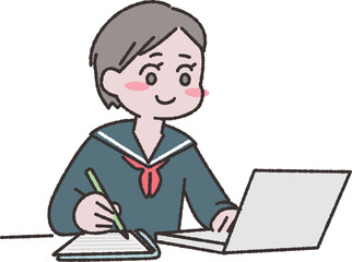 PCを使って勉強をする学生さんイラスト素材
