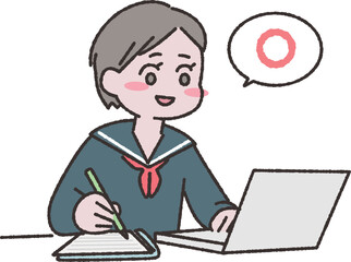 PCを使って勉強をする学生さんイラスト素材