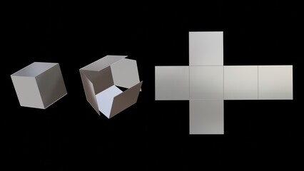 Origami cube unfolding. Simple geometric cube unfolds. 3d box unfolds into flat pieces , polygon segments. 3d render illustration - obrazy, fototapety, plakaty