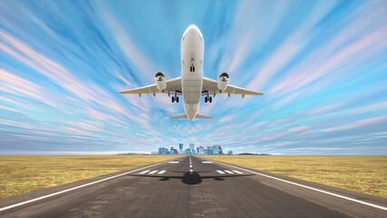 Commercial airplane Takeoff on airport runway with city in the background, 3D illustration.