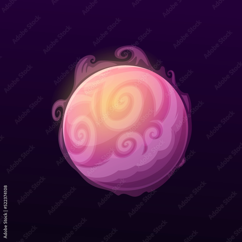 Poster space planet with air vortices, vector galaxy fantasy globe with swirls in atmosphere. glowing pink 