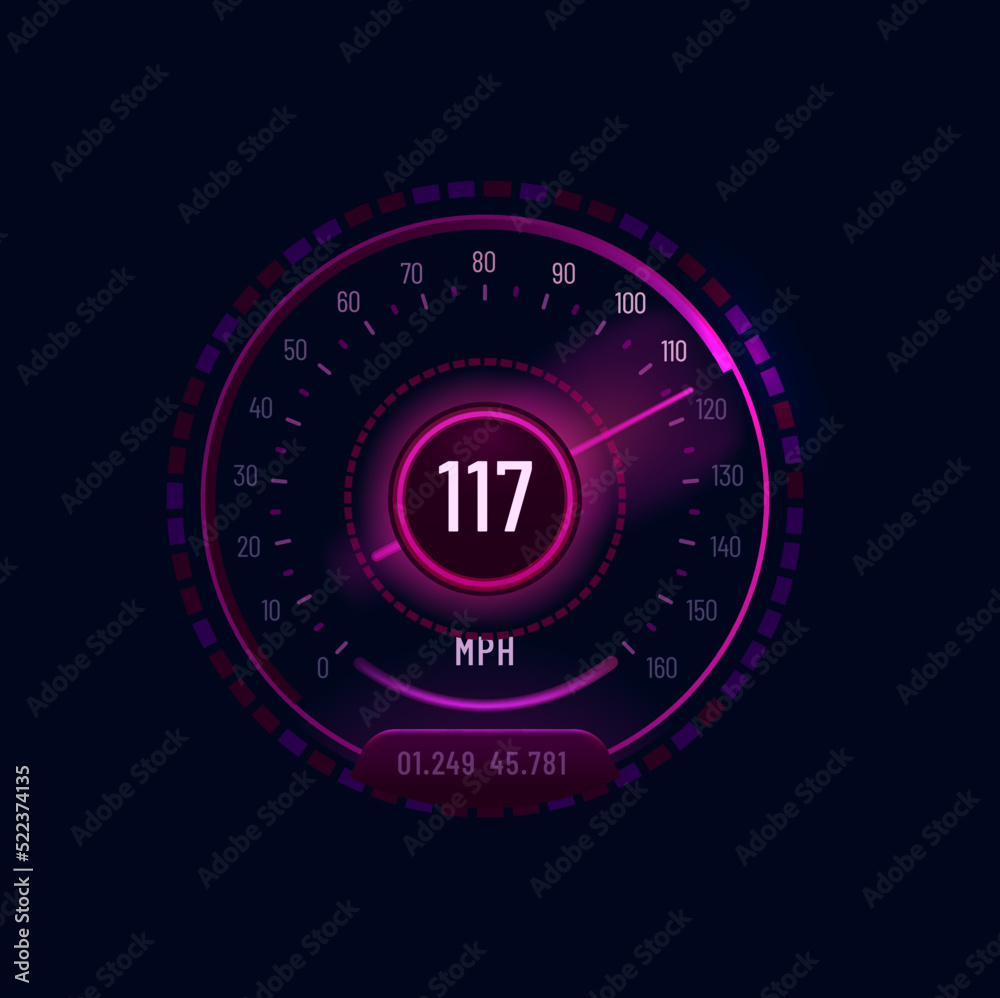Poster Futuristic car neon speedometer gauge dial. Vehicle odometer indicator, motorbike or automobile speed meter vector counter or speedometer display with violet gauge scale and glowing neon arrow