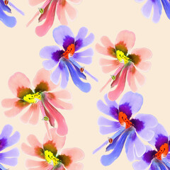 Schizanthus. Illustration, texture of flowers. Seamless pattern for continuous replication. Floral background, photo collage for textile, cotton fabric. For wallpaper, covers, print.