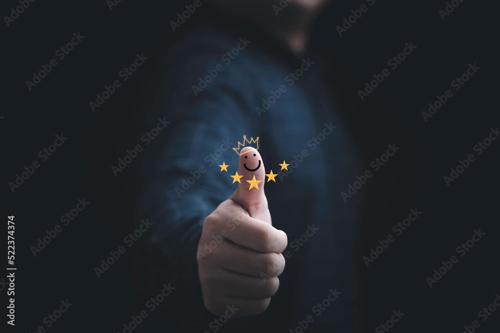 Poster businessman thumb rise up with five stars and smile face for the best customer evaluation rating aft