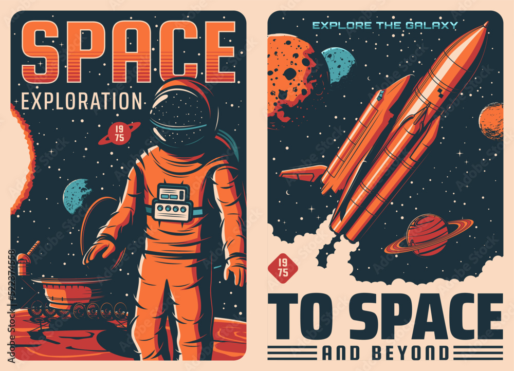 Poster space exploration. astronaut and spaceship retro vector posters. galaxy spaceflight, solar system pl