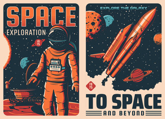 Obraz premium Space exploration. Astronaut and spaceship retro vector posters. Galaxy spaceflight, solar system planets research vintage flyer with astronaut in spacesuit, rover on Mars and shuttle spacecraft
