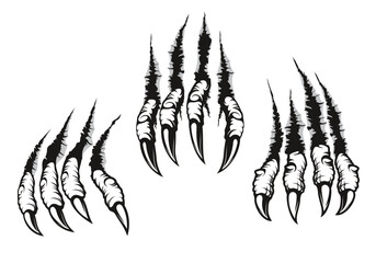 Dragon claw marks scratches, monster or wild beast animal torn cracks. Wolf monster or werewolf and dragon claw or paw isolated vector scratches with sharp fissures and damaged breaks - obrazy, fototapety, plakaty