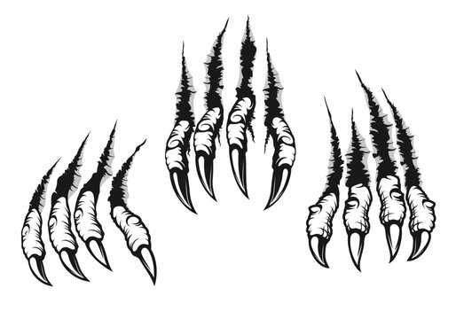 Dragon Claw Marks Scratches, Monster Or Wild Beast Animal Torn Cracks. Wolf Monster Or Werewolf And Dragon Claw Or Paw Isolated Vector Scratches With Sharp Fissures And Damaged Breaks