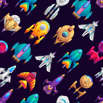 Cartoon Galaxy Space Starships Vector Seamless Pattern Background. Kids Fantasy Galactic Rocket Shuttles And Cosmic Spaceships In Space, Alien UFO Spacecrafts And Starcrafts Pattern