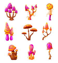 Fantasy fairy magic mushrooms, cartoon vector fungi. Isolated alien unusual plants with bizarre stipes and odd caps. Natural fairytale toadstools game assets, hallucinogenic poisonous fungus set