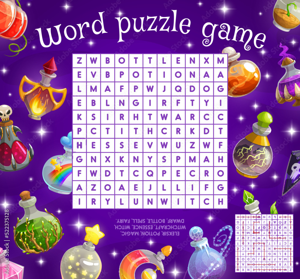 Aufkleber magic potion bottles word search puzzle quiz game worksheet. vector witchcraft word maze, riddle or 