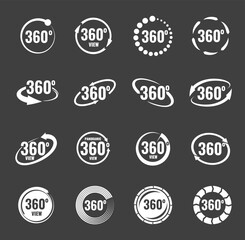 360 degrees virtual camera rotate icons. 3d perspective panorama or 360 degree angle view vector symbol with isolated circles and curved arrows. Panoramic video sign or vr rotation button