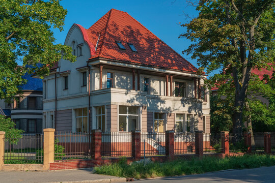 View of a villa Aron in the historic district of Amalienau (former prestigious suburb of Koenigsberg) on a sunny summer day, Kaliningrad, Russia