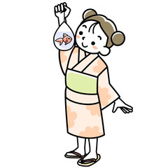 手に持った金魚を見つめる浴衣を着た女の子